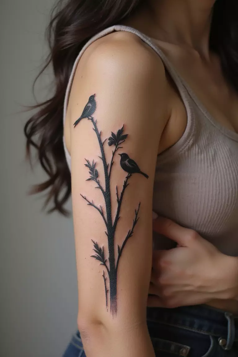 Bamboo And Birds A close-up shot of a woman showing her black ink bamboo stalks with small birds perched tattoo design on her arm