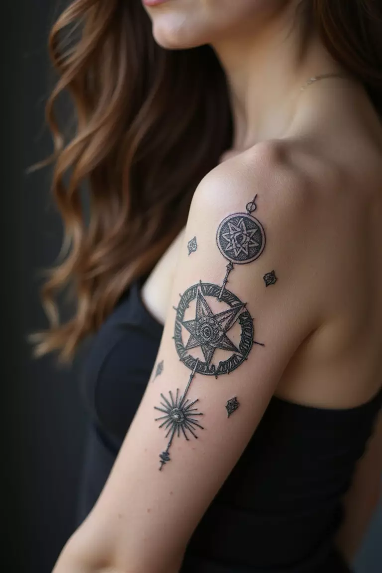 Alchemy Symbols Tattoo A close-up shot of a woman showing her black ink alchemy symbols tattoo design on her arm