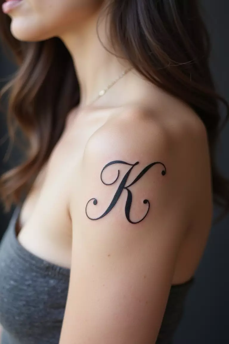 Single Initial A close-up shot of a woman showing her black ink single initial 'K' in a fine line script tattoo design on her arm