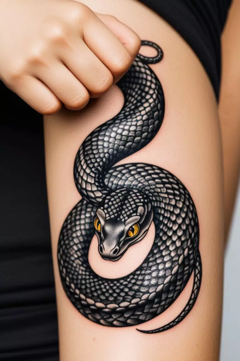 Coiled Snake Ready To Strike A close-up shot of a woman showing her black ink tattoo design of a coiled snake with its head raised, ready to strike, on her arm.