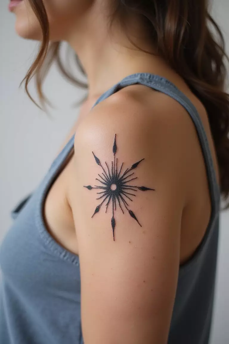 Subtle Starburst A close-up shot of a woman showing her black ink subtle starburst or sparkle tattoo design on her arm