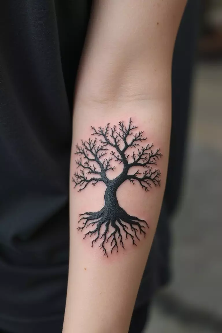 Bonsai Tree Of Life A close-up shot of a woman showing her black ink bonsai tree styled as a Tree of Life with roots and branches intertwined tattoo design on her arm