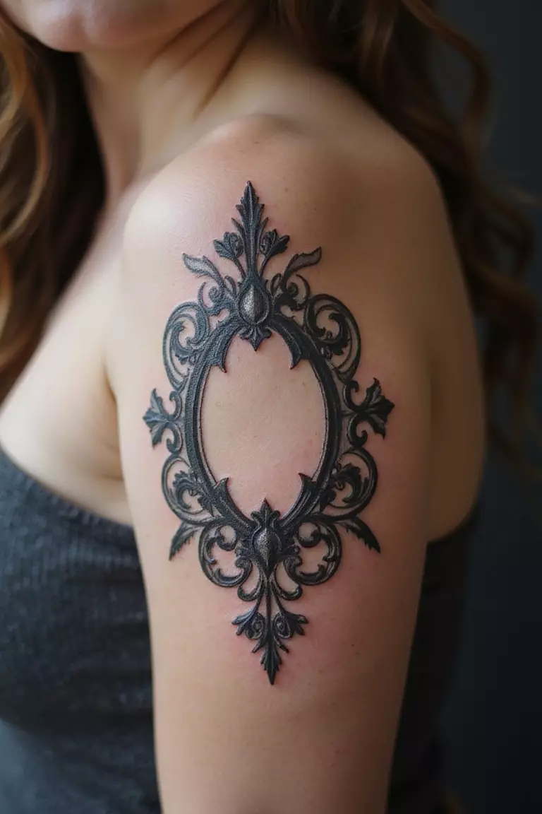 Victorian Frame Tattoo A close-up shot of a woman showing her black ink ornate Victorian frame tattoo design on her arm