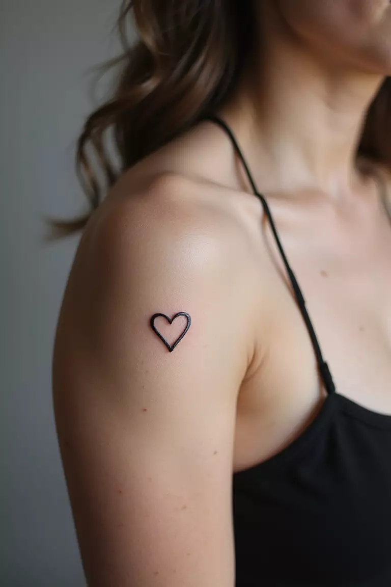 Tiny Heart A close-up shot of a woman showing her black ink tiny heart outline tattoo design on her arm