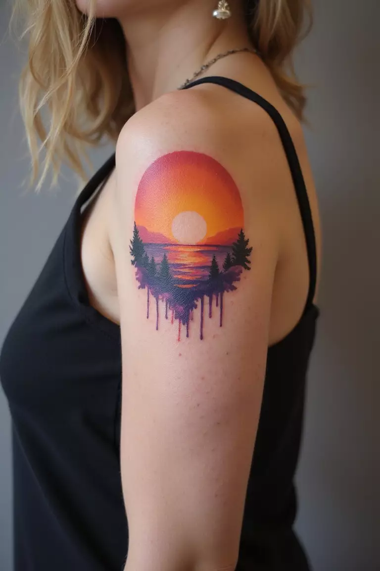 A close-up shot of a woman showing her color ink sunrise sunset gradient tattoo design on her arm
