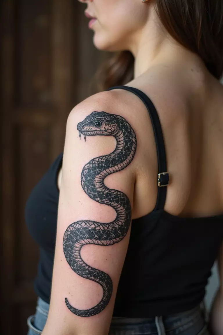Realistic Traditional Snake A close-up shot of a woman showing her black ink realistic-traditional-snake-with-detailed-scales tattoo design on her arm