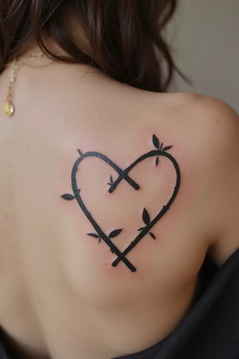 Bamboo Heart A close-up shot of a woman showing her black ink two bamboo stalks bent into a heart shape tattoo design on her arm