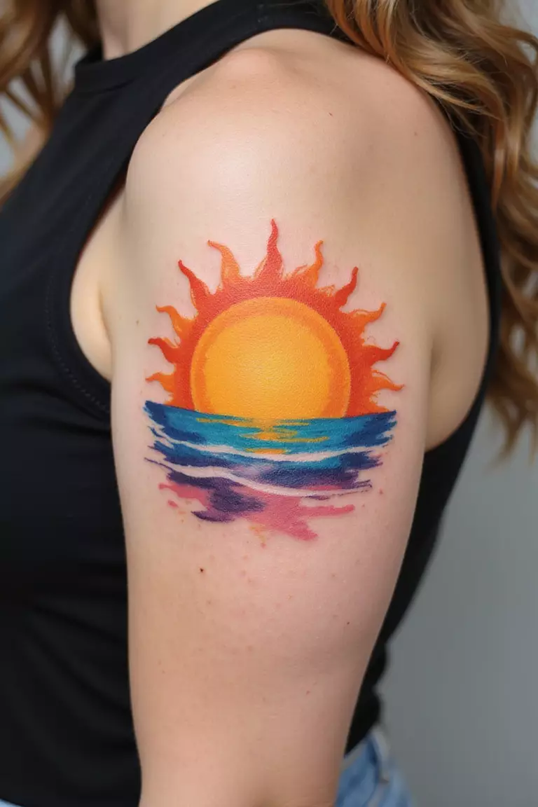 A close-up shot of a woman showing her color ink watercolor sun splash tattoo design on her arm