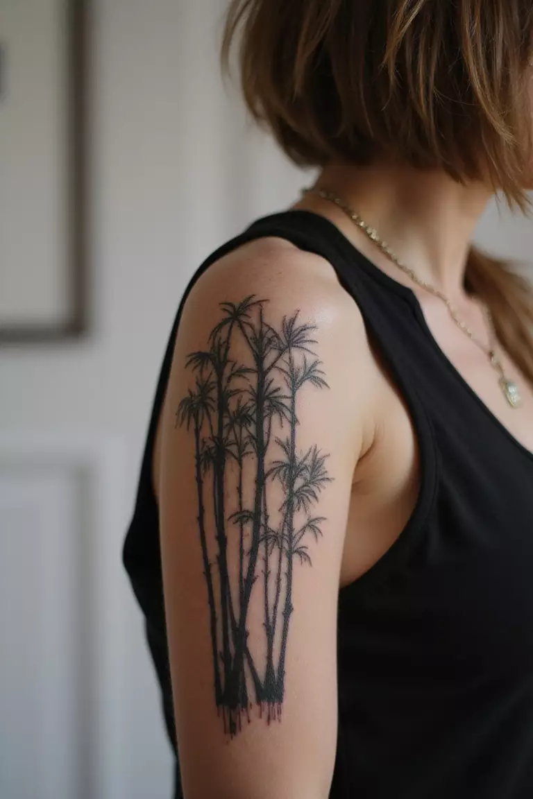 Bamboo Forest A close-up shot of a woman showing her black ink detailed bamboo forest tattoo design on her arm