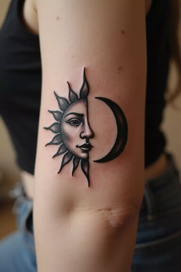 Sun And Moon A close-up shot of a woman showing her black ink combined sun and crescent moon, facing each other, tattoo design on her arm