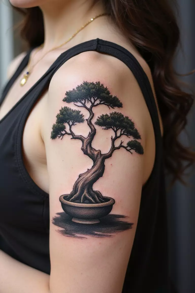 Abstract Brush Stroke Bonsai A close-up shot of a woman showing her black ink abstract bonsai tree created with painterly brush strokes tattoo design on her arm