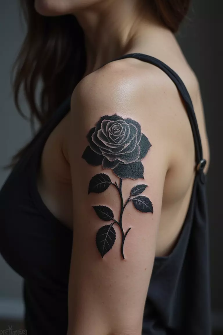 Rose Tattoo (Dark Style) A close-up shot of a woman showing her black ink dark style rose tattoo design on her arm