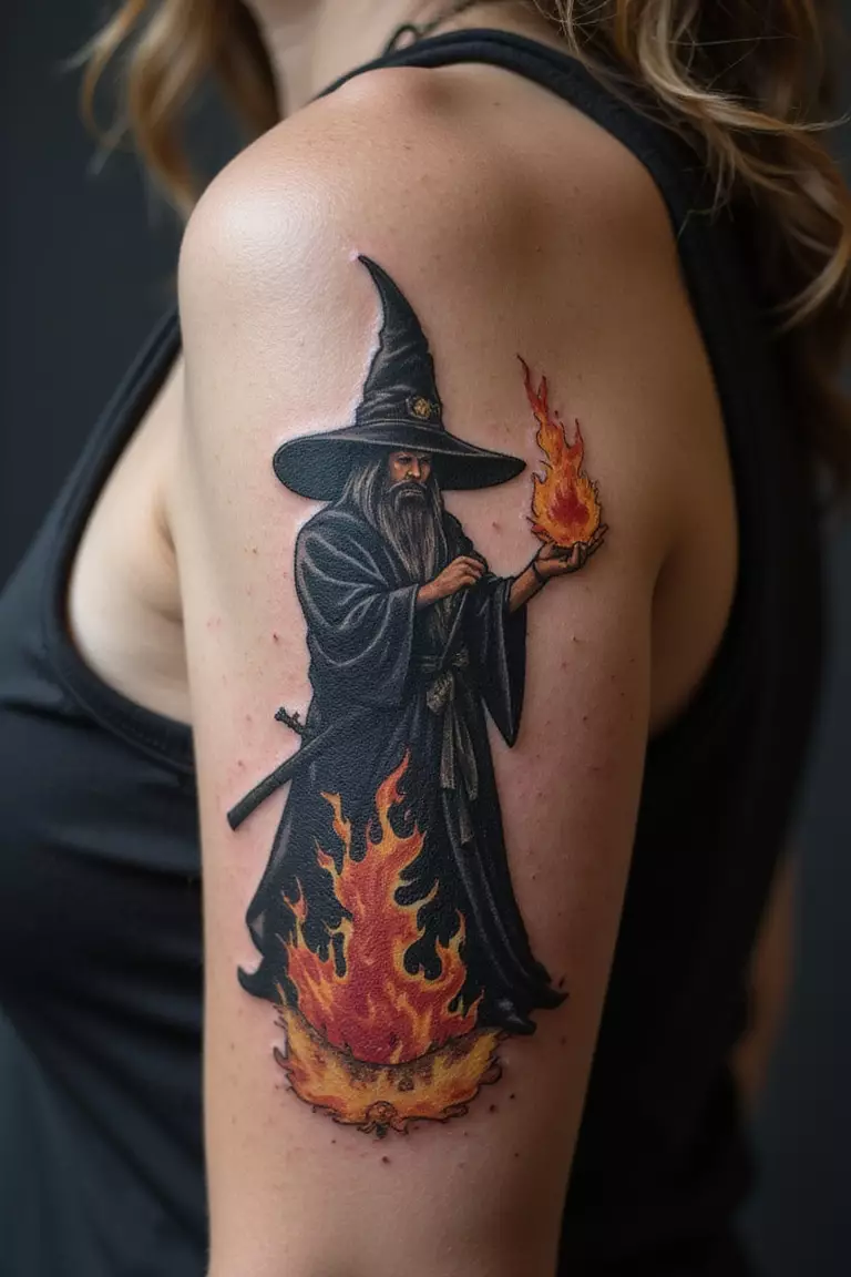 Elemental Magic Wizard A close-up shot of a woman showing her black ink wizard figure controlling fire elements tattoo design on her arm