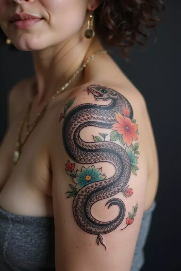 Snake With Flowers A close-up shot of a woman showing her black ink traditional snake-with-various-colorful-flowers tattoo design on her arm