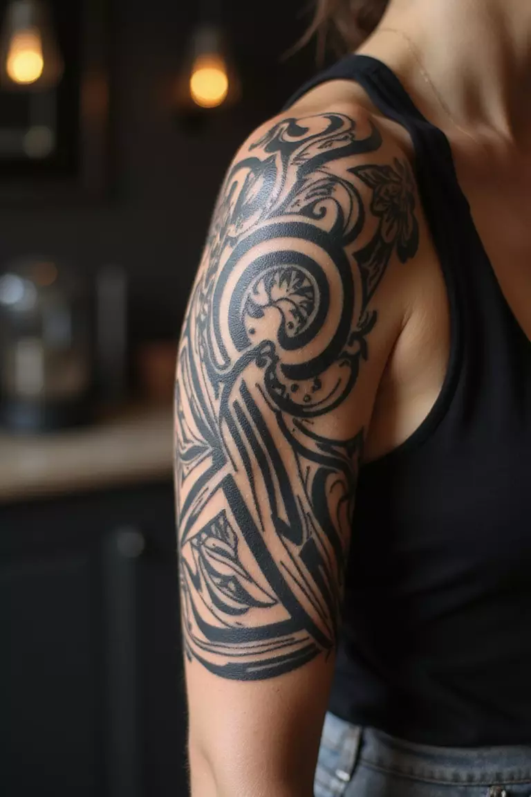 Tribal Patterns A close-up shot of a woman showing her black ink bold tribal patterns tattoo design with thick, curving lines wrapping around her arm