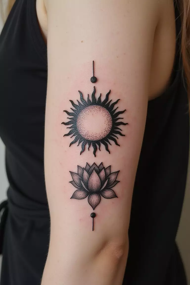 Sun With Lotus Flower A close-up shot of a woman showing her black ink sun design combined with a blooming lotus flower below it tattoo design on her arm