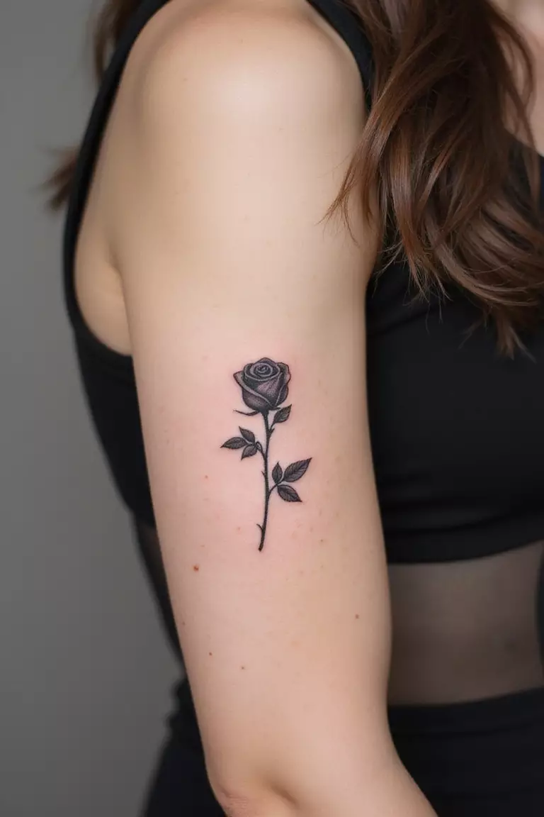 Small Rose Bud A close-up shot of a woman showing her black ink small closed rose bud tattoo on her arm.