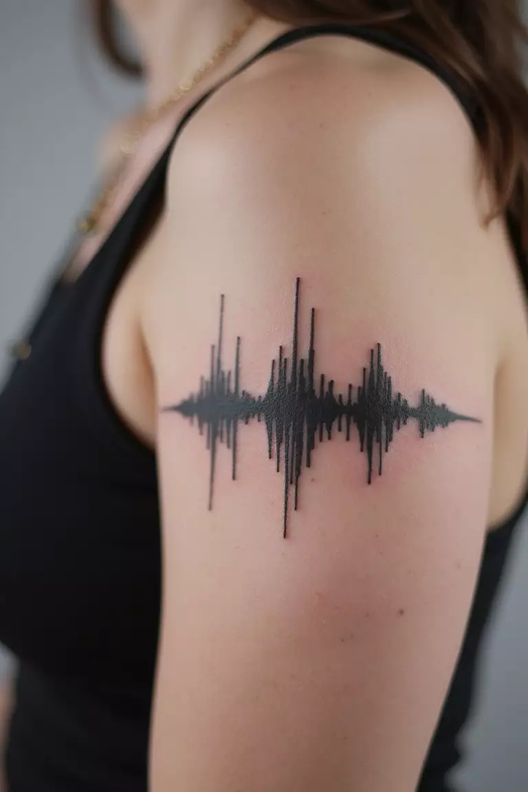 Sound Wave A close-up shot of a woman showing her black ink simple sound wave tattoo on her arm.