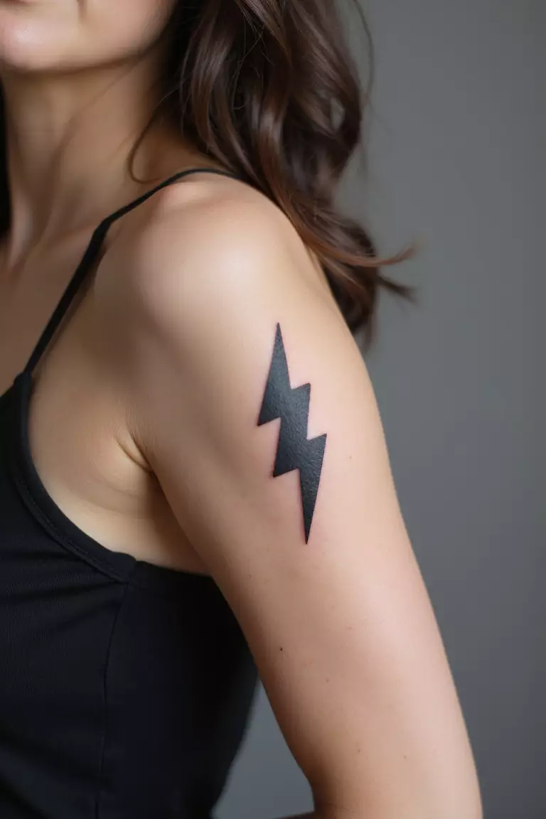 Little Lightning Bolt A close-up shot of a woman showing her black ink little lightning bolt tattoo design on her arm