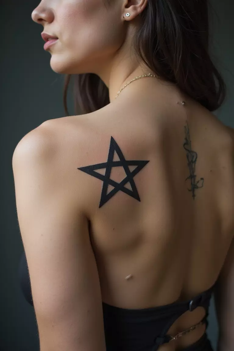 Pentagram Tattoo A close-up shot of a woman showing her black ink pentagram tattoo design on her arm