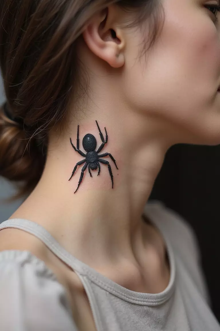 Tarantula Neck Tattoo A close-up shot of a woman showing her black ink small tarantula tattoo design on the side of her neck