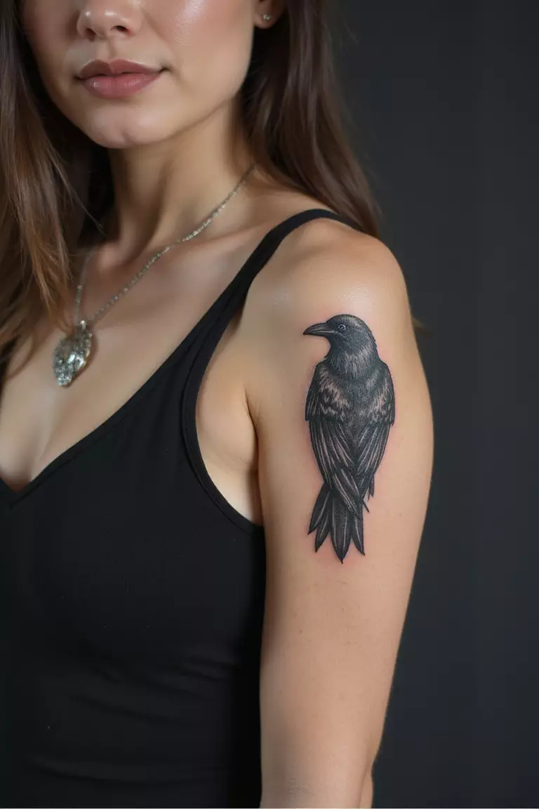 Raven Tattoo A close-up shot of a woman showing her black ink raven tattoo design on her arm