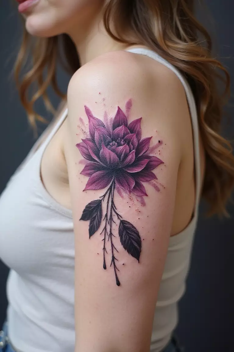 Watercolor Blackberry Splash A close-up shot of a woman showing her black ink watercolor blackberry splash tattoo on her arm.
