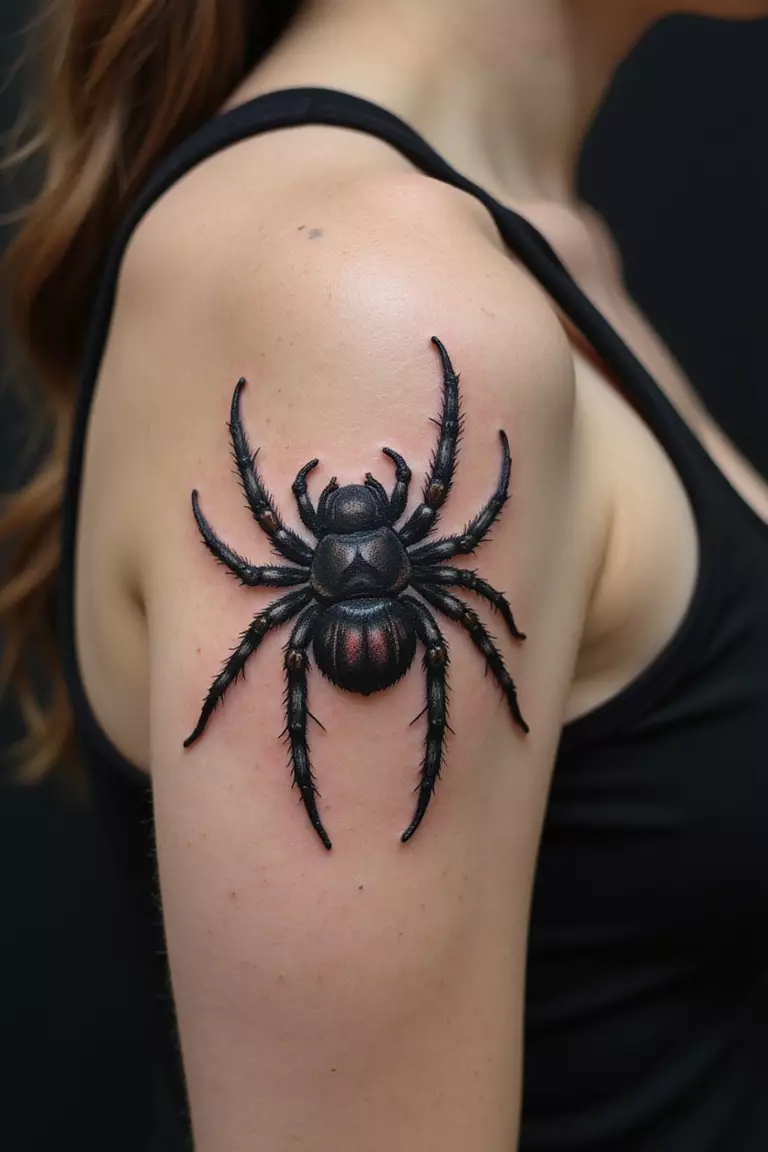 Realistic Tarantula A close-up shot of a woman showing her black ink hyper-realistic, detailed tarantula tattoo design on her arm