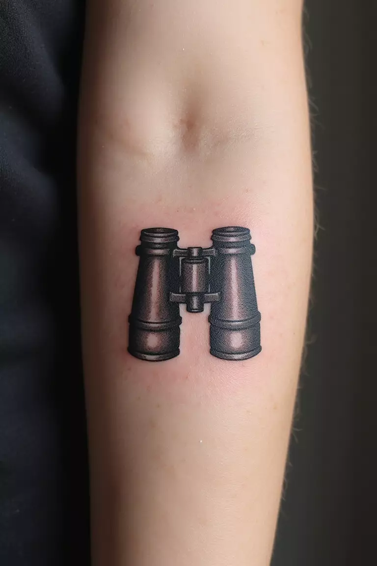 Binoculars A close-up shot of a woman showing her black ink binoculars tattoo design on her arm