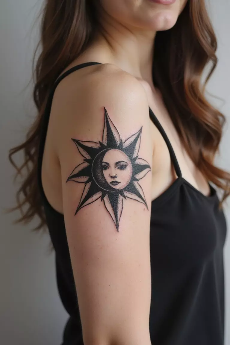 Sun And Moon A close-up shot of a woman showing her black ink sun and moon tattoo design on her arm