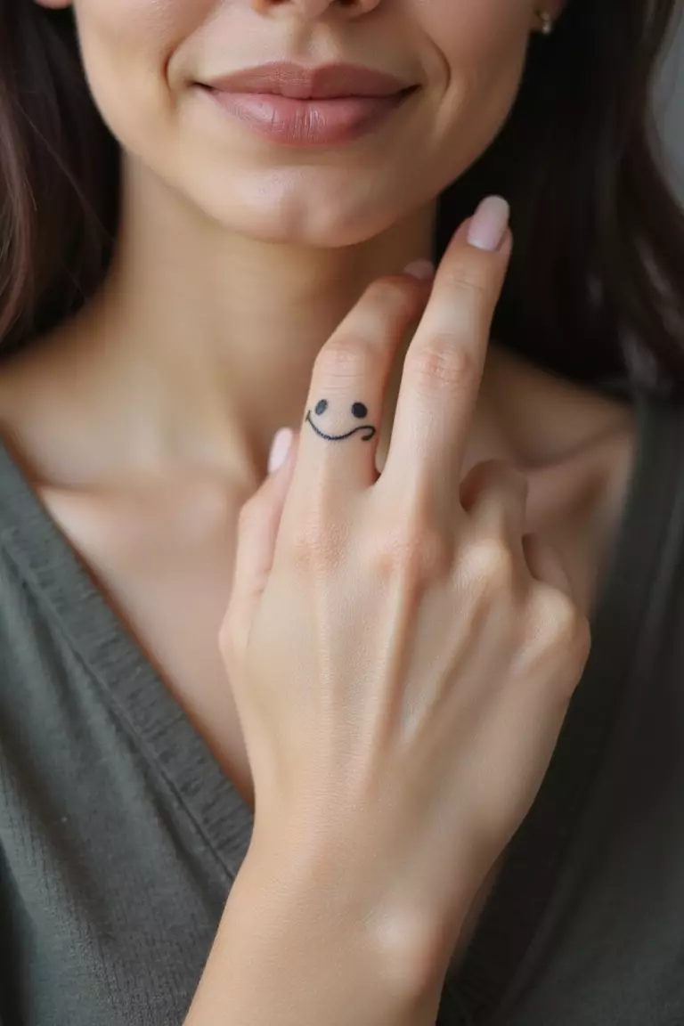 Smiley Face A close-up shot of a woman showing her black ink minimalist tiny smiley face tattoo design on her finger