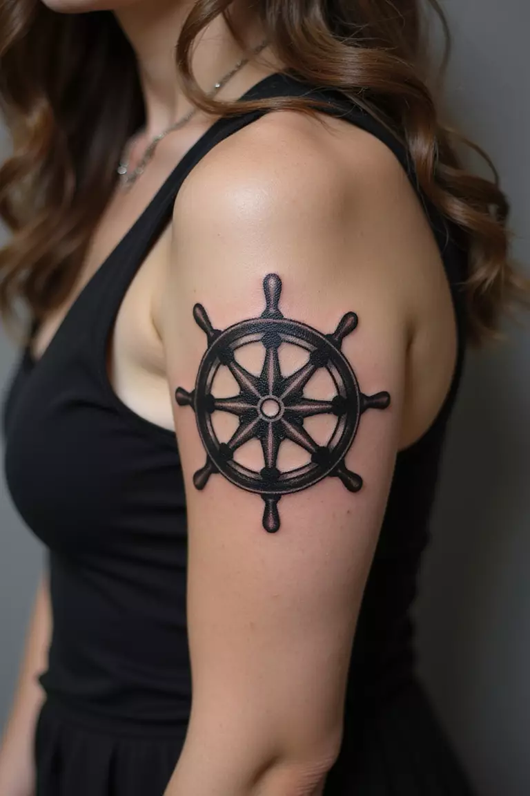 Ship Wheel A close-up shot of a woman showing her black ink ship wheel tattoo design on her arm