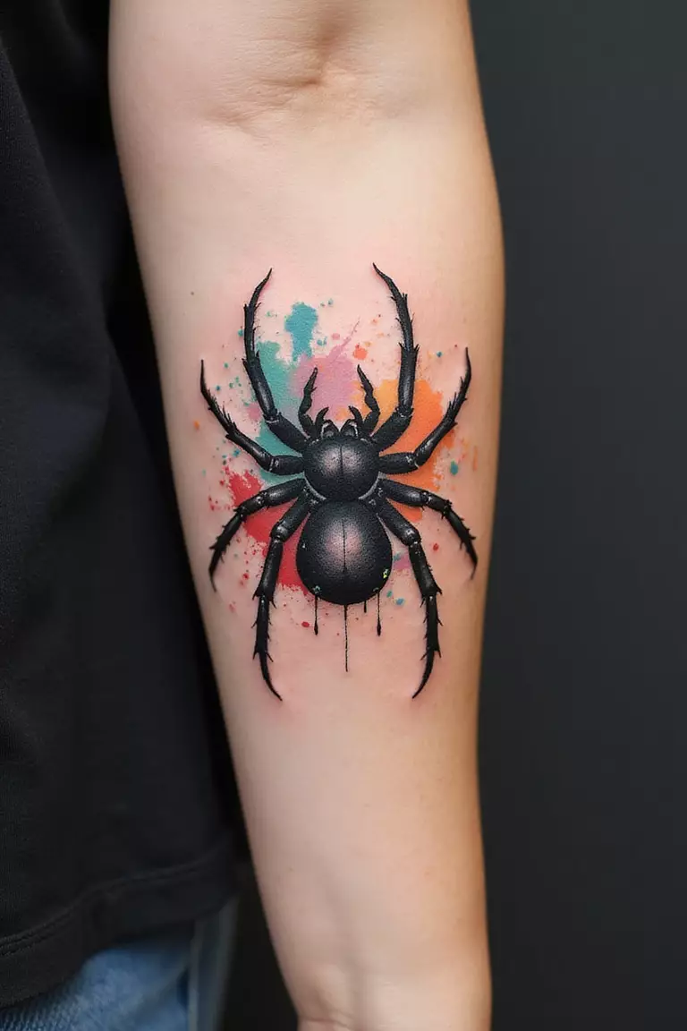 Watercolor Tarantula A close-up shot of a woman showing her black ink watercolor style tarantula tattoo design with color splashes on her arm