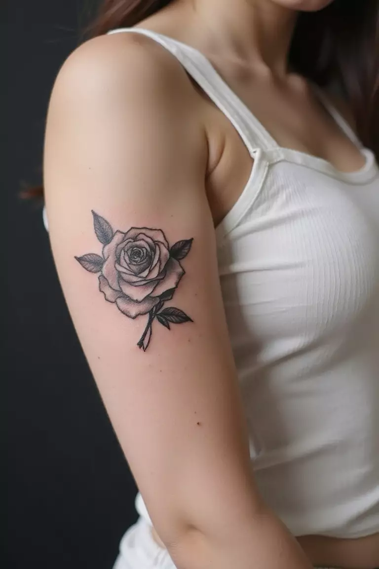 Upside Down Rose A close-up shot of a woman showing her black ink simple upside down rose tattoo on her arm.