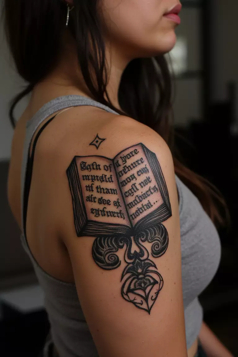 Spell Book Tattoo A close-up shot of a woman showing her black ink ancient open spell book tattoo design on her arm