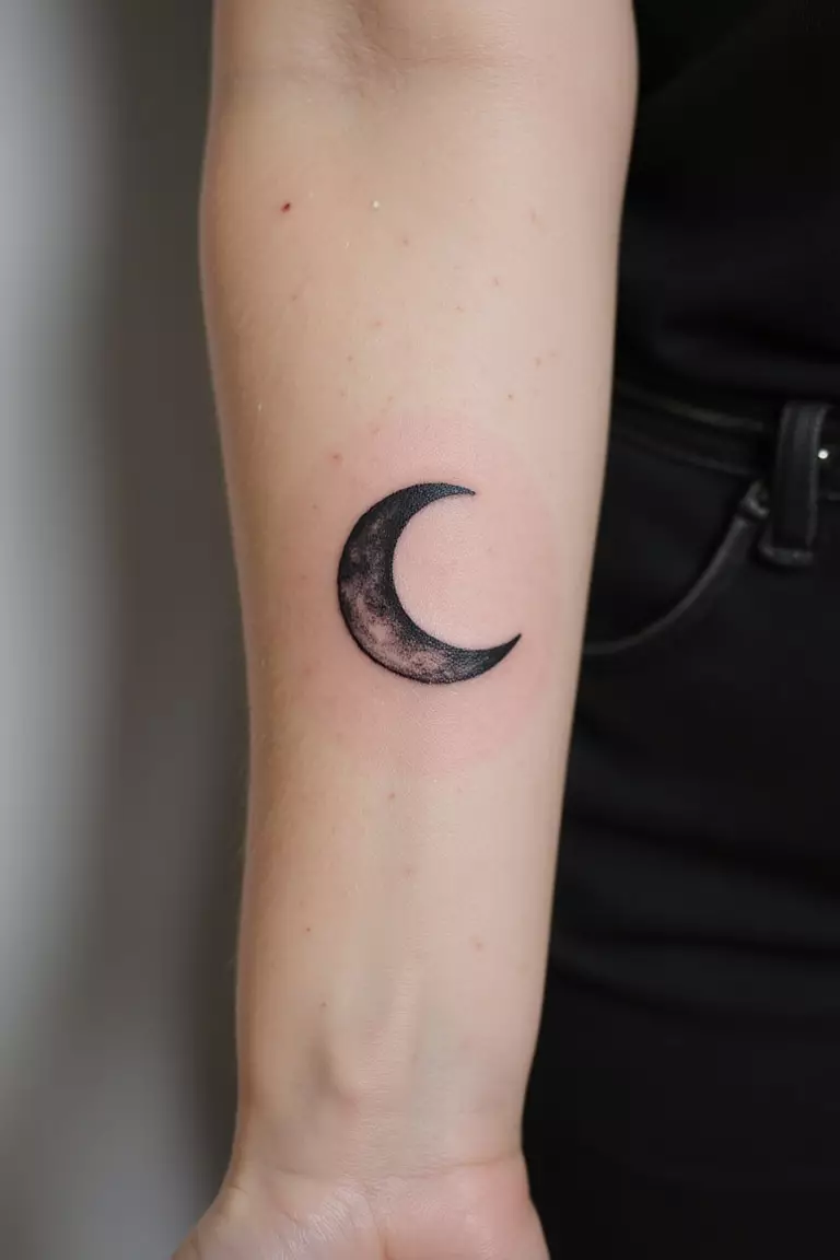 Crescent Moon A close-up shot of a woman showing her black ink delicate crescent moon tattoo design on her forearm