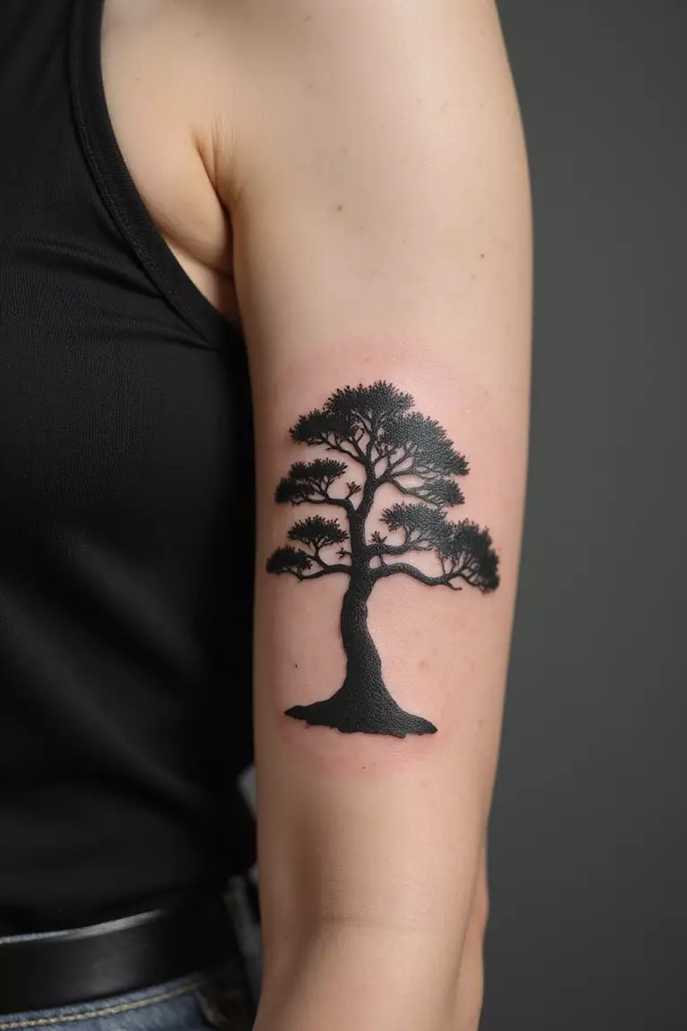 Bonsai Silhouette A close-up shot of a woman showing her black ink solid black bonsai tree silhouette tattoo design on her arm