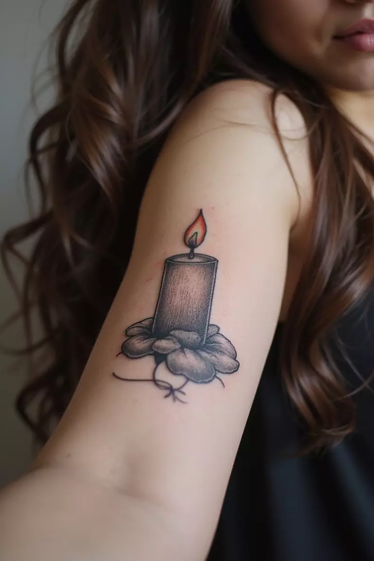 Candle Tattoo A close-up shot of a woman showing her black ink candle tattoo design on her arm