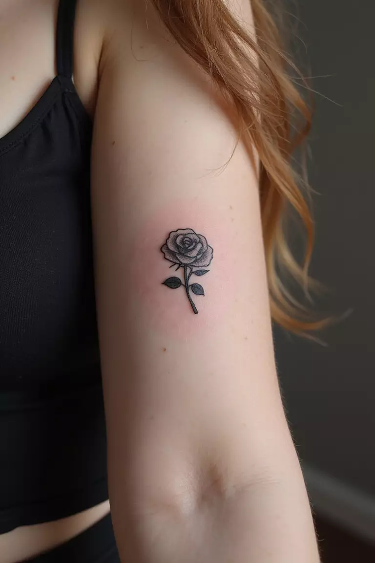 Tiny Hidden Rose A close-up shot of a woman showing her black ink tiny, simple rose tattoo partially hidden on her inner arm.