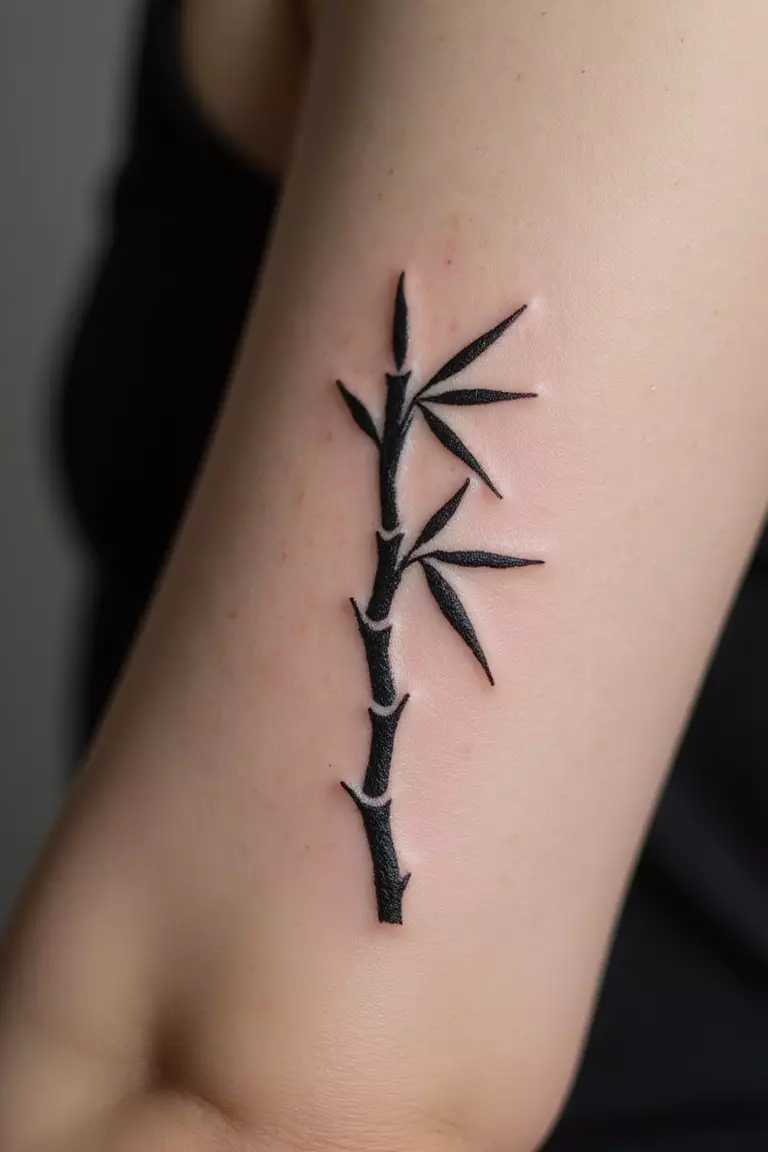 Simple Bamboo Stalk A close-up shot of a woman showing her black ink minimalist single bamboo stalk tattoo design on her arm