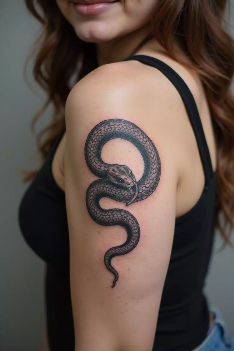 Ouroboros Snake A close-up shot of a woman showing her black ink Ouroboros snake tattoo design on her arm, depicting a snake eating its own tail in a circle.