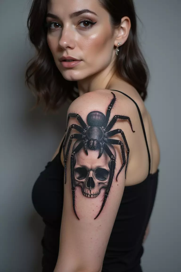 Tarantula Skull A close-up shot of a woman showing her black ink tarantula tattoo design crawling out of a human skull on her arm