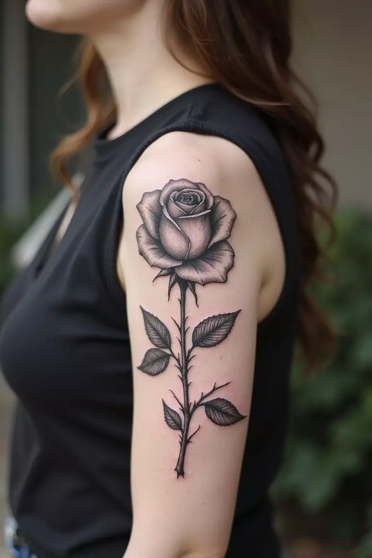 Thorn Focus Rose A close-up shot of a woman showing her black ink rose tattoo focusing on detailed thorns along the stem on her arm.