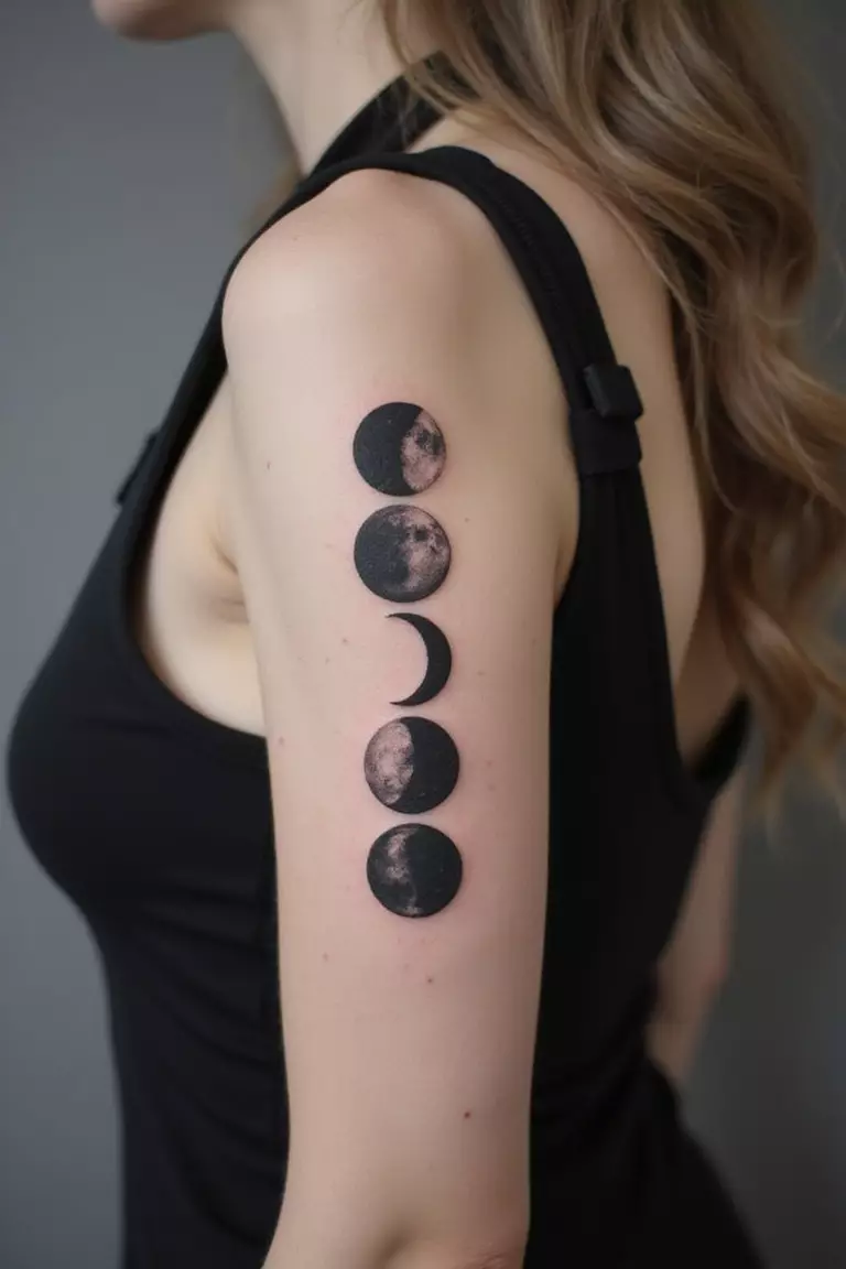 Moon Phases Tattoo A close-up shot of a woman showing her black ink moon phases tattoo design on her arm