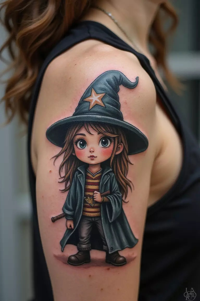 Whimsical Young Wizard A close-up shot of a woman showing her black ink charming young wizard apprentice character tattoo design on her arm