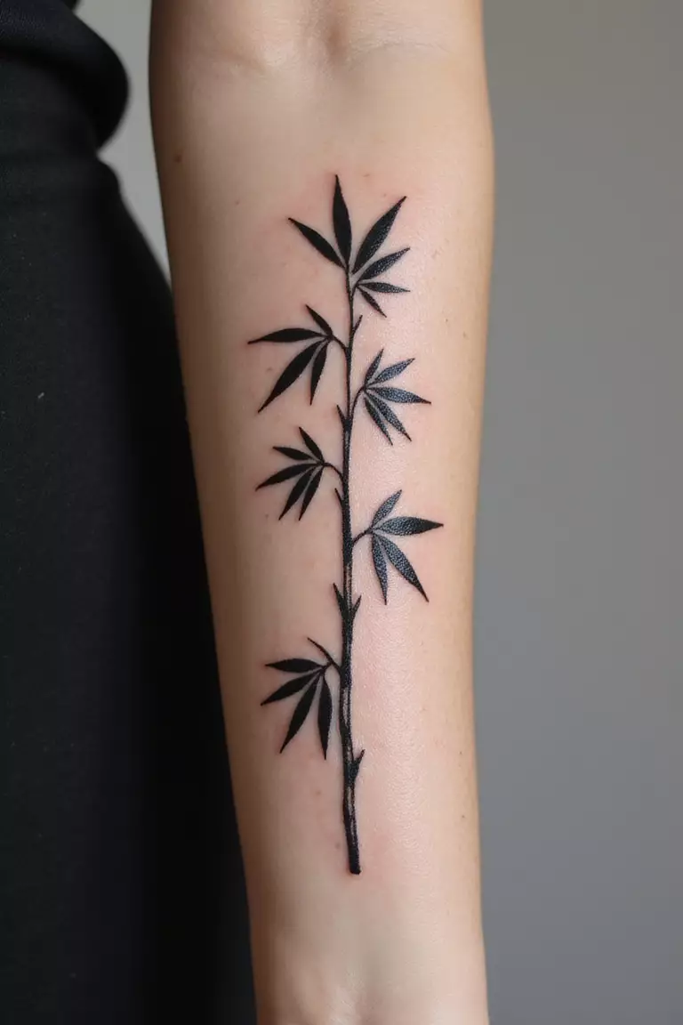 Bamboo Leaves A close-up shot of a woman showing her black ink delicate bamboo leaves tattoo design on her arm