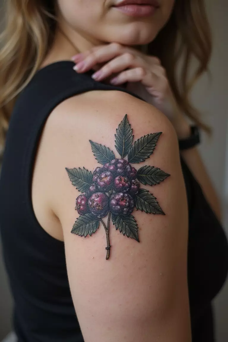 Blackberry With Dew Drops A close-up shot of a woman showing her black ink blackberry with dew drops tattoo on her arm.