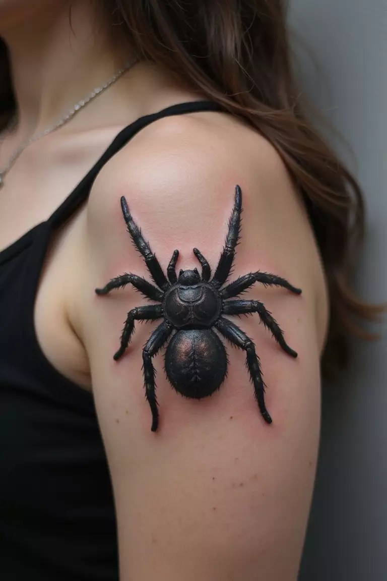 Black and Gray Tarantula A close-up shot of a woman showing her black ink black and gray realistic tarantula tattoo design on her arm