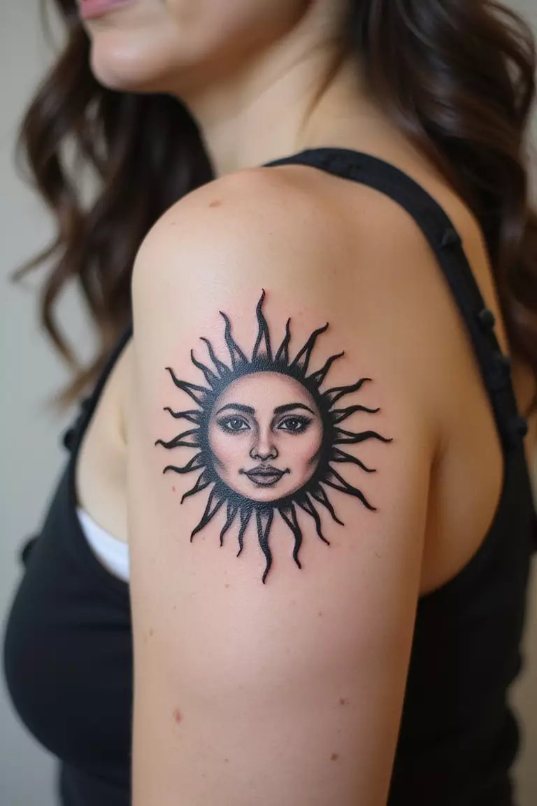 Sun With Face A close-up shot of a woman showing her black ink classic sun with a simple, smiling human face in the center tattoo design on her arm