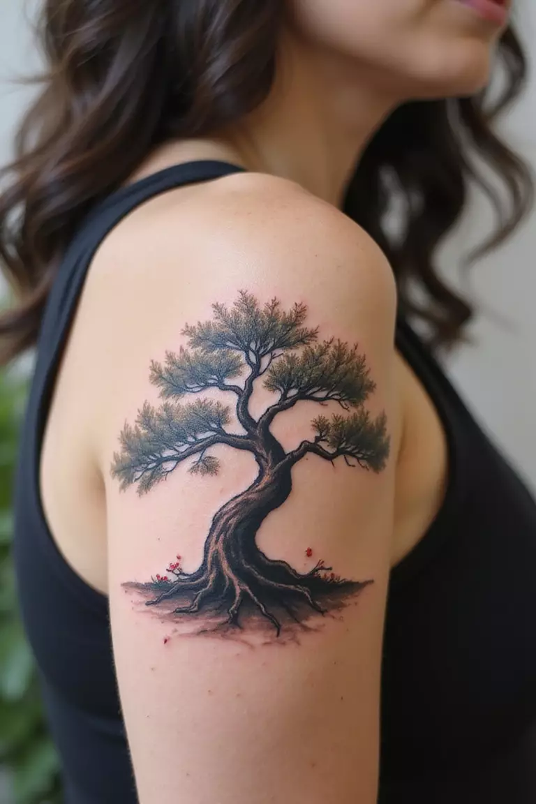 Watercolor Splash A close-up shot of a woman showing her black ink watercolor splash effect bonsai tree tattoo design on her arm